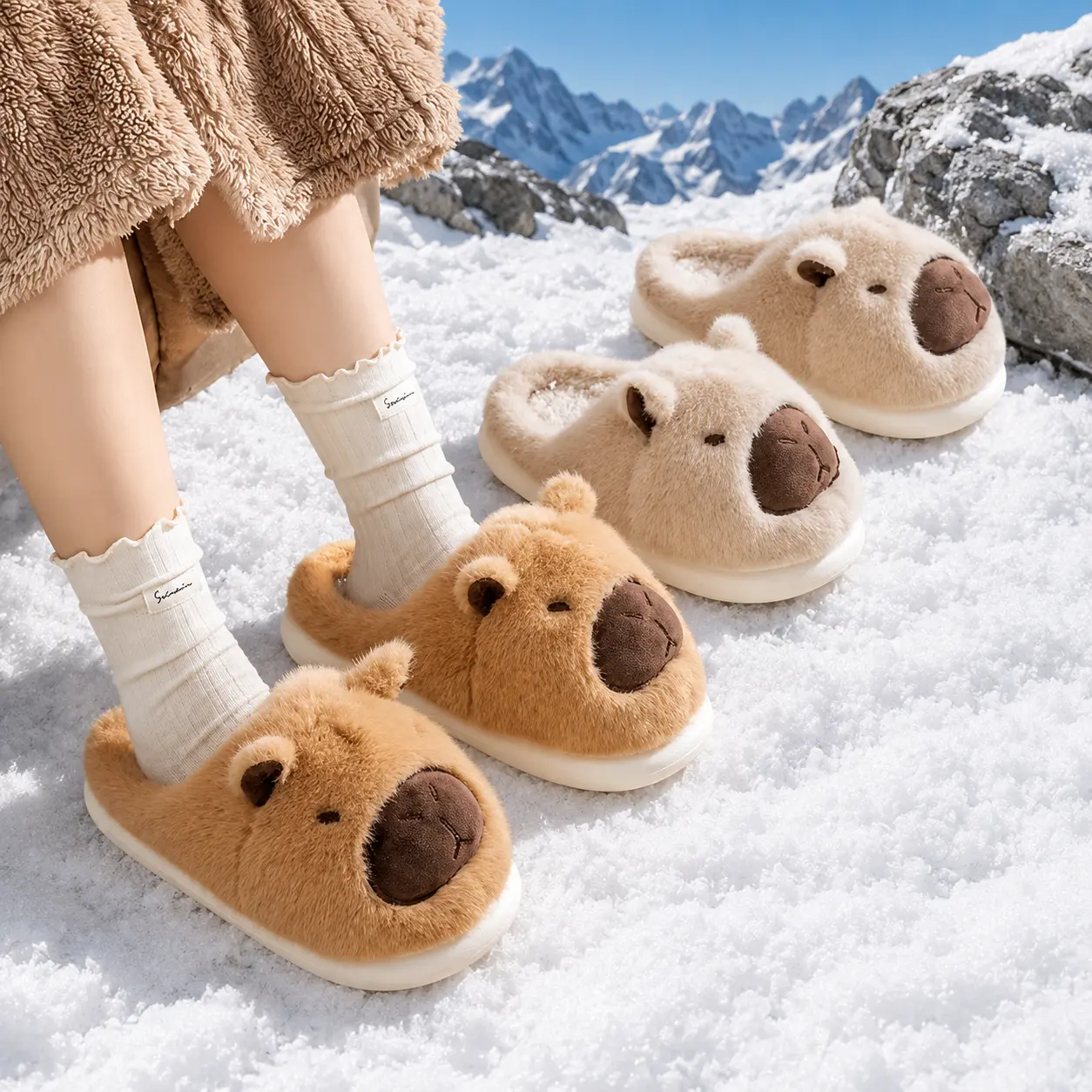 Capybara Face House Slippers - Cartoon Design Women's Fashion Slippers, Fuzzy Plush EVA Sole Warm Winter Home Use Indoor Shoes, Animal And Food-Themed Women's Fashion Slippers