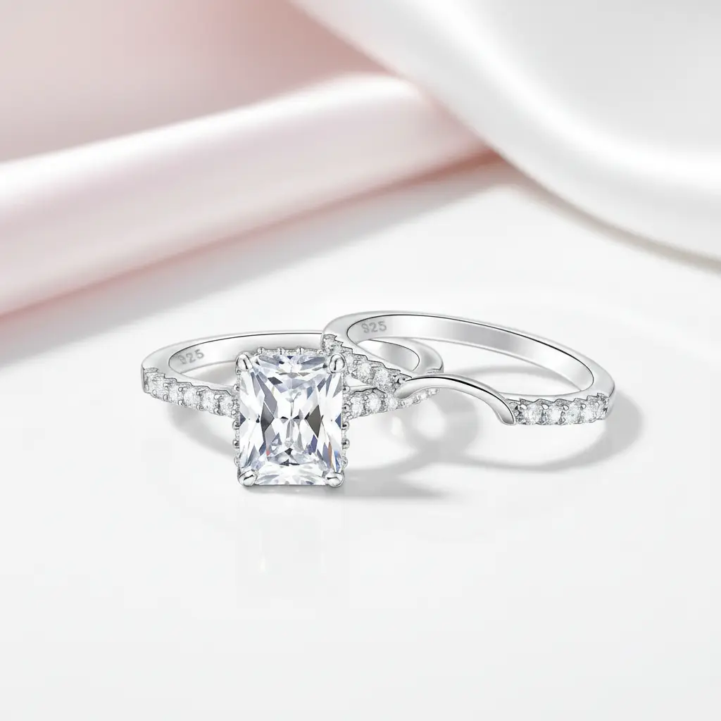 2Pcs Rectangle Cut Diamond Option with Hidden Halo Engagement Ring