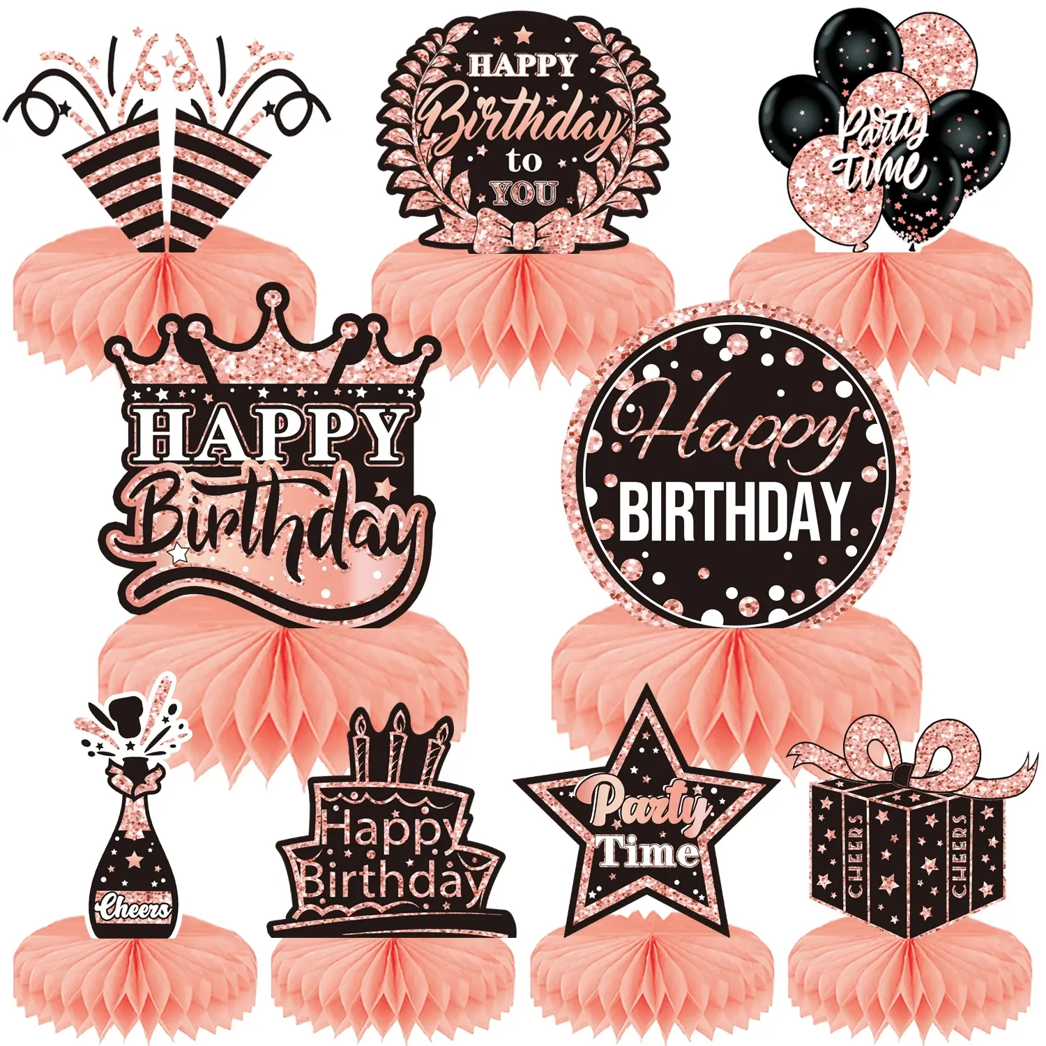 9PCS 3D Rose Gold Birthday Honeycomb Centerpieces Decorations for Birthday Table Decorations Birthday Party Supplies Dining Table Centerpiece, Decorative Props, Party Decor Design