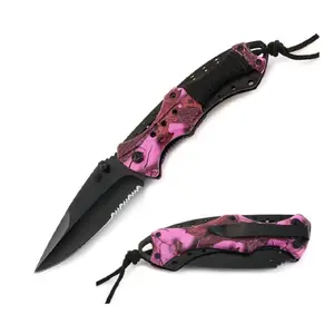 Pretty Pink Camo 4.75 inch Folding Knife Pocket Clip Paracord Camping Hiking Whittling Crafts EDC