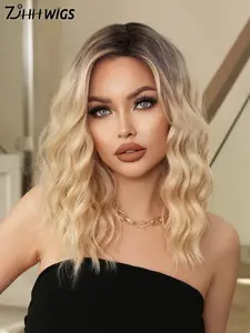 18 Inch Bob Short Curly Rooted & Blonde Wigs for Women, Gifts for Her, Gorgeous Fluffy Wigs without Bangs, Synthetic Curly Hair Full Machine Made Wigs for Party, Daily Use, Valentine's Day Gift