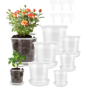 6 Pack Clear  Pots with Drainage 9.5/8/7.5/6.7/5/4.5 Inch  Pots with Saucers Transparent Seedling Pots Including  Labels Seed Starting for Indoor Outdoor  Gardening