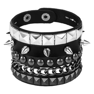 OIDEA Punk Studded Cuff Bracelet Set for Women Men - 3 Piece Black Leather Spike Chain Cuff Wristbands, 80s Gothic Halloween Gift