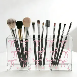 Love Bow Acrylic Cosmetic and Office Storage Box, 3-Compartment Makeup Brush Holder, Durable Plastic Desktop Organizer, Makeup Tool Organizer