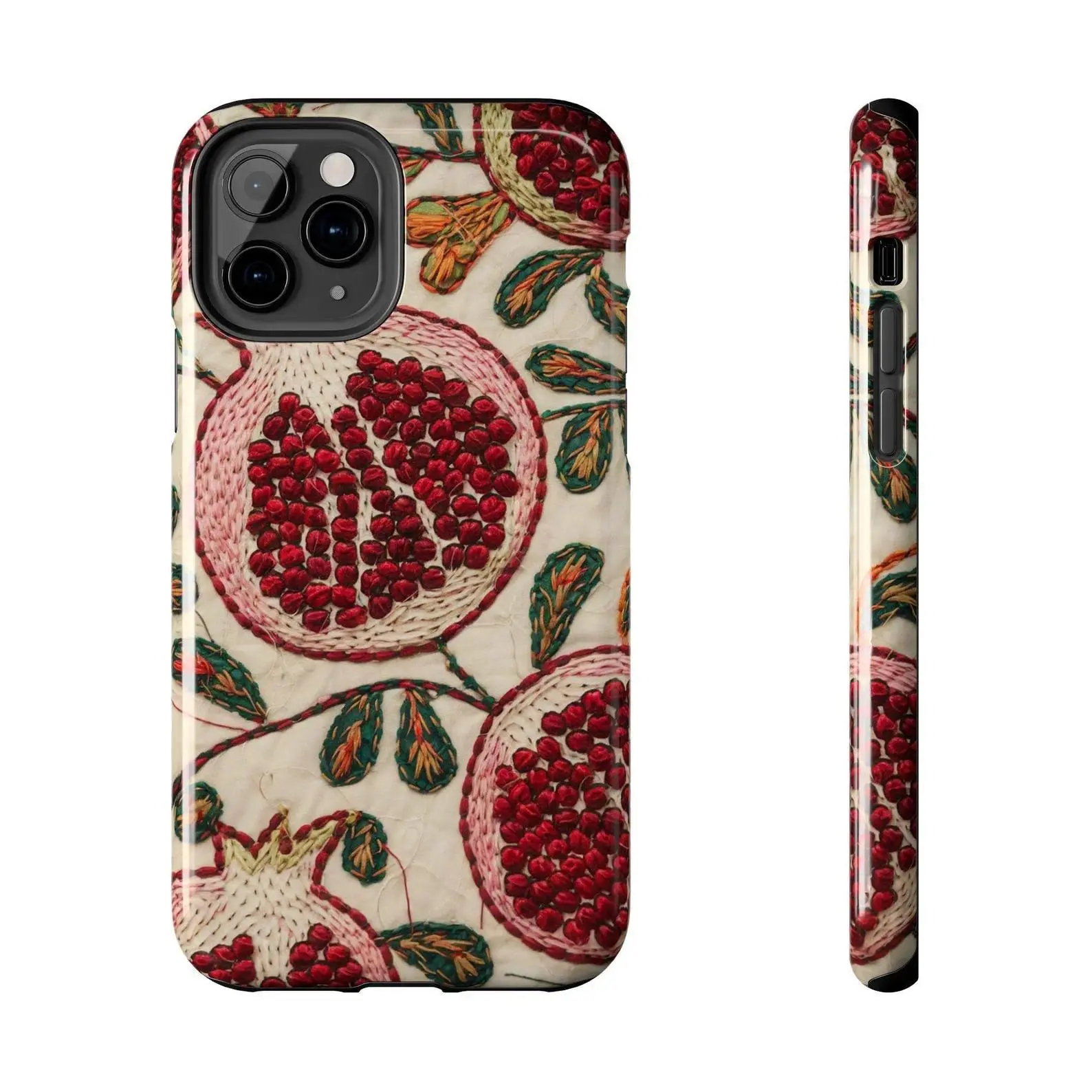 Pomegranate Embroidery Slim Fit Dual-Layer Polycarbonate & Drop-Cushion TPU Smartphone Casing for iPhone 11-17 Pro/ProMax/Plus, Vibrant Flower Cover with Raised Bezels, Shock-Absorbent Stylish Accessory, Unique Gift for Plant Lovers