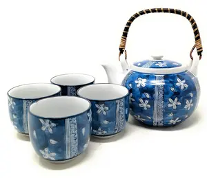 Chinese Japanese Porcelain Tea Set with Blue Flower Design, 100% Handmade Traditional Tea Ceremony Set with Teapot and 4 Teacups