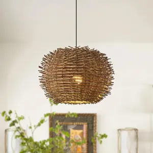 19 Inch Stev Bohemian Handwoven Rattan Island Pendant Light, Natural Wicker Boho Hanging Lamp for Kitchen Island Dining Room Farmhouse Home Decor