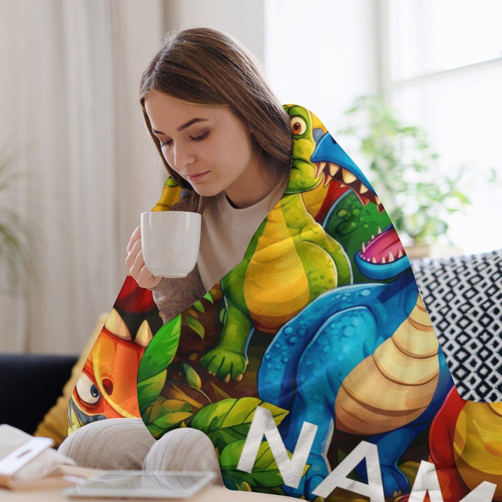 Custom Name Cartoon Dinosaur Family Blanket,Personalized Name Gift ,Suit for The Sofa, Bed, Travel, Camping, Living Room, Office, Chair，Gifts for Family or Child  ,Friend , Send your custom text via shop chat to personalize