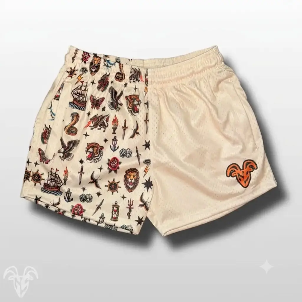 Goat Strength 5" Tattoo Mesh Shorts | Y2K Streetwear Aesthetic Half Camo Half Cream Gym Shorts