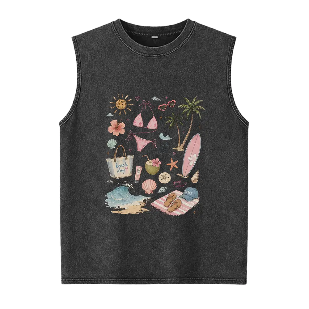 Beach Summer Vacation Washed Vest, Seashell Bikini Tees,Summer Shirt, Beach Vacation Washed Vest, Tropical shirt, Womens Graphic Washed Vest