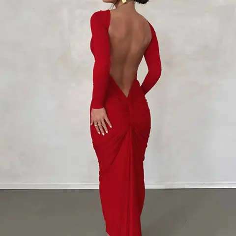 Sexy Backless Ruched Long Sleeve Bodycon Dress Solid Color Party Club Evening Formal Wear Long Dresses For Spring & Fall, Women's Clothing