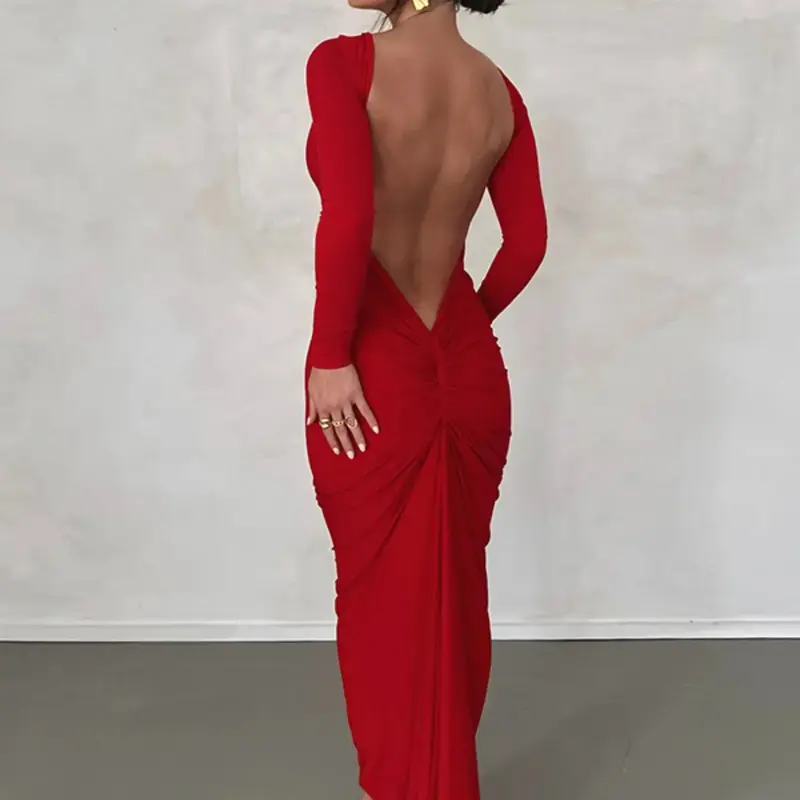 Sexy Backless Ruched Long Sleeve Bodycon Dress Solid Color Party Club Evening Formal Wear Long Dresses For Spring & Fall, Women's Clothing