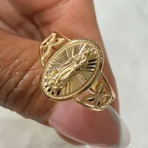 14K Gold Virgin Mary Oval Medallion Ring.
