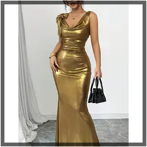 [Shimmering Golden Evening Gown] Shimmering Golden Sexy Bodycon Deep V-Neck Backless Evening Gown |   Mermaid Design, Long Formal Dress for Women, Spring/Summer Party & Summer Gala Wear, Formfitting Silhouette, Sleek Elegant Style, Elegant Fashion Choice