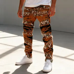 Men's Fashion Versatile Retro Embroidered Straight Leg Motorcycle Style Jeans Casual Classic Fashion Menswear Streetwear Breathable Jackets Natural Print Tapered-0009 Denim Basic Distressed Stretch Trouser Pants Fabric