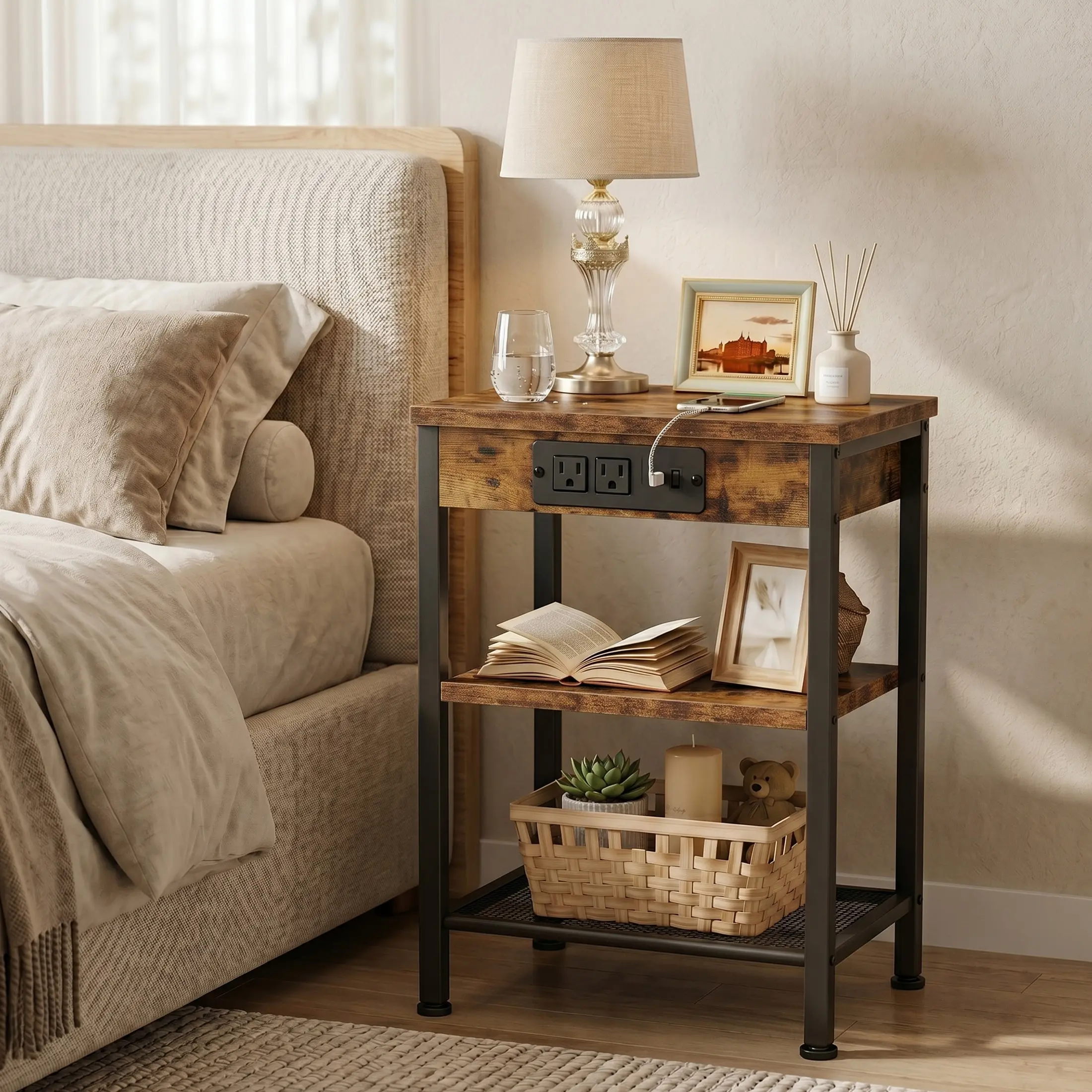 Sweetcrispy 3-Tier End Table with Charging Station, USB Ports & Adjustable Shelf, Space Saving Furniture, Nightstand for Living Room & Bedroom