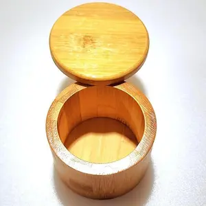 Salt Holder with Lid, Bamboo Salt Container, Salt Cellar with 360° Swivel Lid for Countertop to Store Pepper Spice, Premium Solid Salt Box Holder on Your Kitchen, 6 Oz