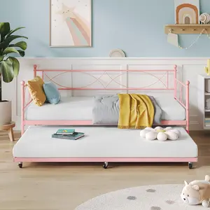 Twin daybed with Trundle,Metal Twin Daybed and Trundle Set,Day Bed Sofa Bed Frame with Steel Slat Support,Multifunctional Daybed Frame for Bedroom(Pink)