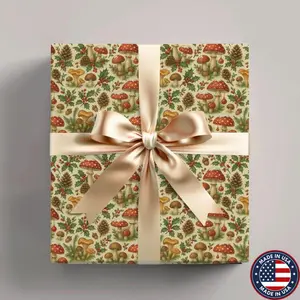 Rustic Woodland Mushroom Christmas Wrapping Paper  Holly & Toadstool Gift Wrap, Cottagecore Forest Holiday Paper
