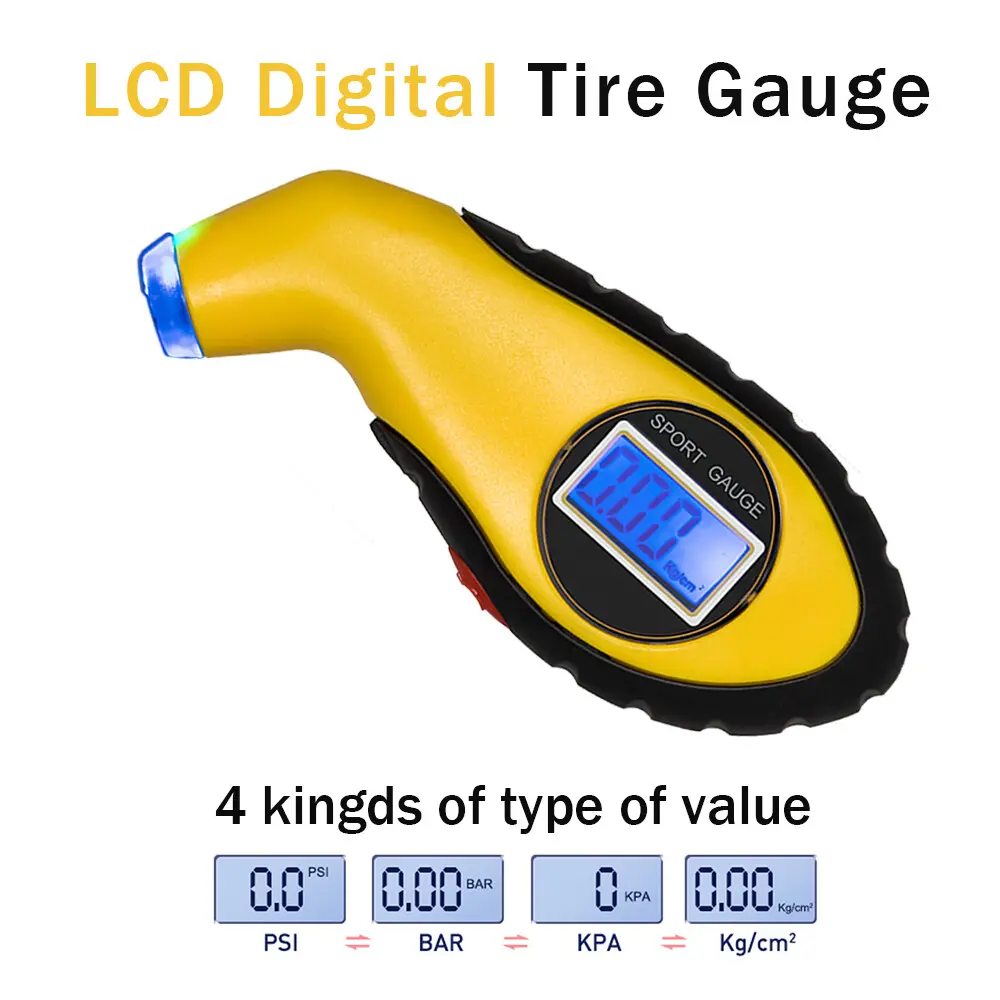 LCD Digital Tire Pressure Gauge 5–100 PSI with Backlit Display, Air Release Function and Lighted Nozzle for Cars, Motorcycles and Bicycles