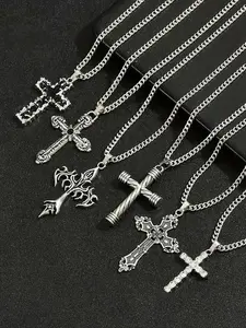 Men's Vintage Cross Pendant Necklace Set, Stainless Steel Jewelry for Party, Daily Clothing Decor, Trendy All-match & Exquisite Jewelry for Birthday Gift, Cross Necklaces