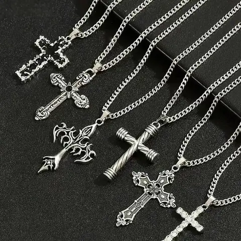 Men's Vintage Cross Pendant Necklace Set, Fashion Cool Accessories, Coptic Cross Necklace, Cross Chain Design, Stainless Steel Jewelry for Party, Daily Clothing Decor, All-match Jewelry for Birthday Gift, Durable Fashion Accessory