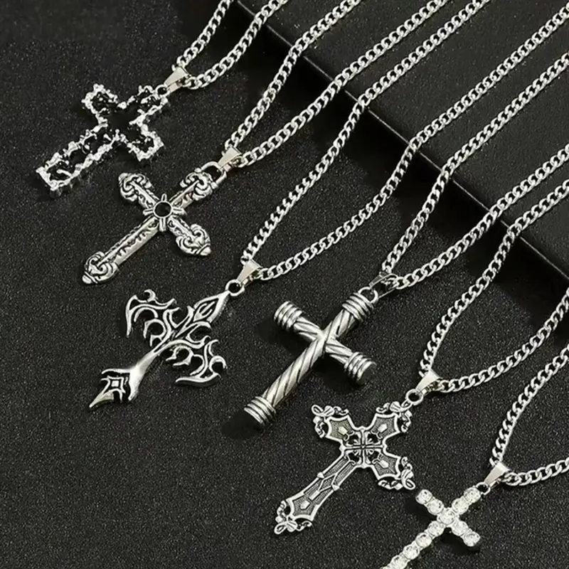 Men's Vintage Cross Pendant Necklace Set, Fashion Cool Accessories, Coptic Cross Necklace, Cross Chain Design, Stainless Steel Jewelry for Party, Daily Clothing Decor, All-match Jewelry for Birthday Gift, Durable Fashion Accessory