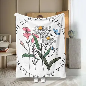 Floral Inspirational Text Print Blanket, Soft Skin-Friendly Casual Throw, Suitable for Bedroom Living Room Outdoor Picnic, Hand Washable