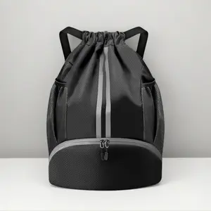 Black Drawstring Gym Bag for Men & Women Waterproof Backpack with Shoes Compartment & Multi-Pocket Design for Soccer Basketball Volleyball Daily Use Multifunctional Sports Bag