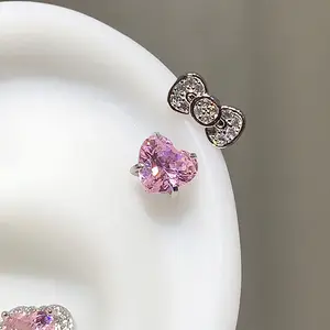 Cute Bowknot Love Heart 316L Stainless Steel Annular Ear Bone Nail Fashion Delicate Zircon Earring for Women Y2K Punk  Fine Studs Pink Dangles