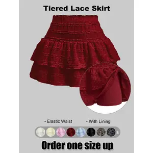 Women's High Waist Ruffled Pleated Mini Skirt with Lace, Double-Layer Flared Design, Comfortable Soft Breathable Fabric Fit, Fashionable Elegant Short Skirt Suitable for Summer Outdoor Leisure Daily Wear