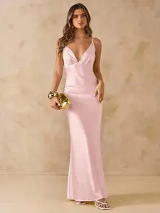 Women's Sleeveless Deep V-Neck Backless Satin Long Dress, Yellow, Suitable For Vacation, Party, Birthday, Brunch, Bridesmaid, Wedding Guest, Elegant,Fall Wedding Guest Dress