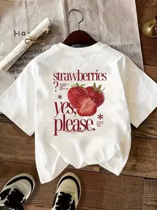Women's Strawberry Print Short Sleeve T-Shirt - Strawberry Fruit Round Neck Blouse, Spring Summer Fall Casual Top with Strawberry, Machine Washable Comfortable Casual Attire for Picnic & Shopping Outfits - Strawberry Lady