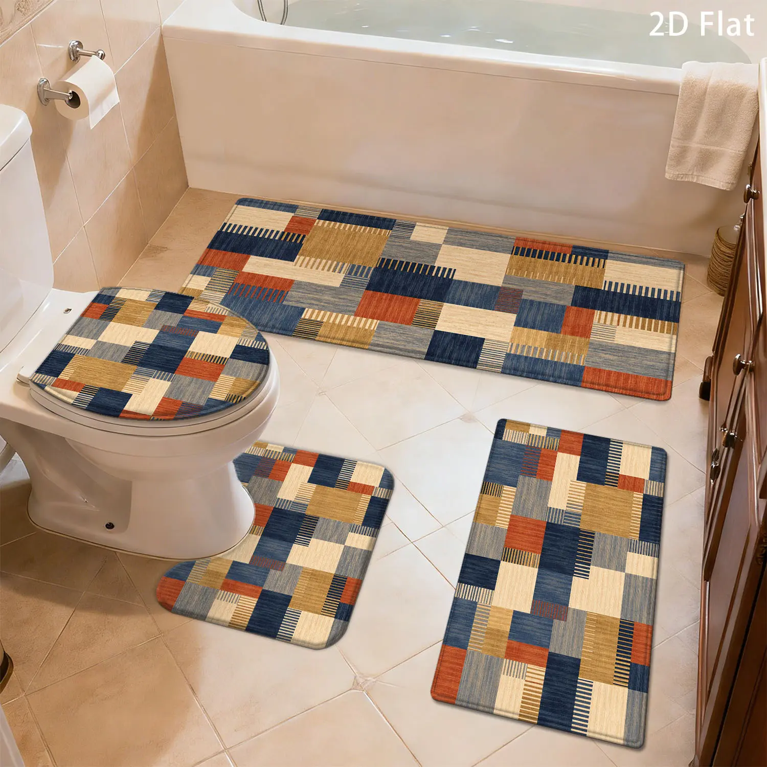 2D Flat 3/4pcs Bathroom Anti-Slip Mat Set, Geometric Color Block Patchwork, Home Decor Shower Room Entrance Absorbent Floor Mat, Household Soft Thickened Quick-Drying Carpet, Toilet Laundry Room Accessory Foot Mat, Room Bedroom Entryway Doormat