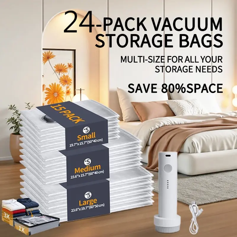 【Summer Vibes】24/15/9-Pack Cordless Travel Vacuum Bag Set with Rechargeable Air Pump，Space Saving Storage Bags, Airtight Resealing Sealed Organizers for Luggage, Sturdy Lightweight Clothes Storage Solution, Vacuum Bags For Travel