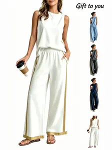 This gift for you:Boho Sleeveless Top + Wide Leg Pants Set, Comfy Women's Two-Piece Beach Vacation Brunch Outfit #TwoPieceSet #WideLegPants #Sleeveless #SummerOutfit #BohoFashion #OOTD #WomensFashion #CasualSet Clothes Polyester