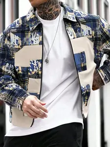 Trendy Vintage Plaid Patchwork Jacket, Distressed Blue Grid, Modern Splicing Design, Loose Fit, Essential Streetwear Outerwear