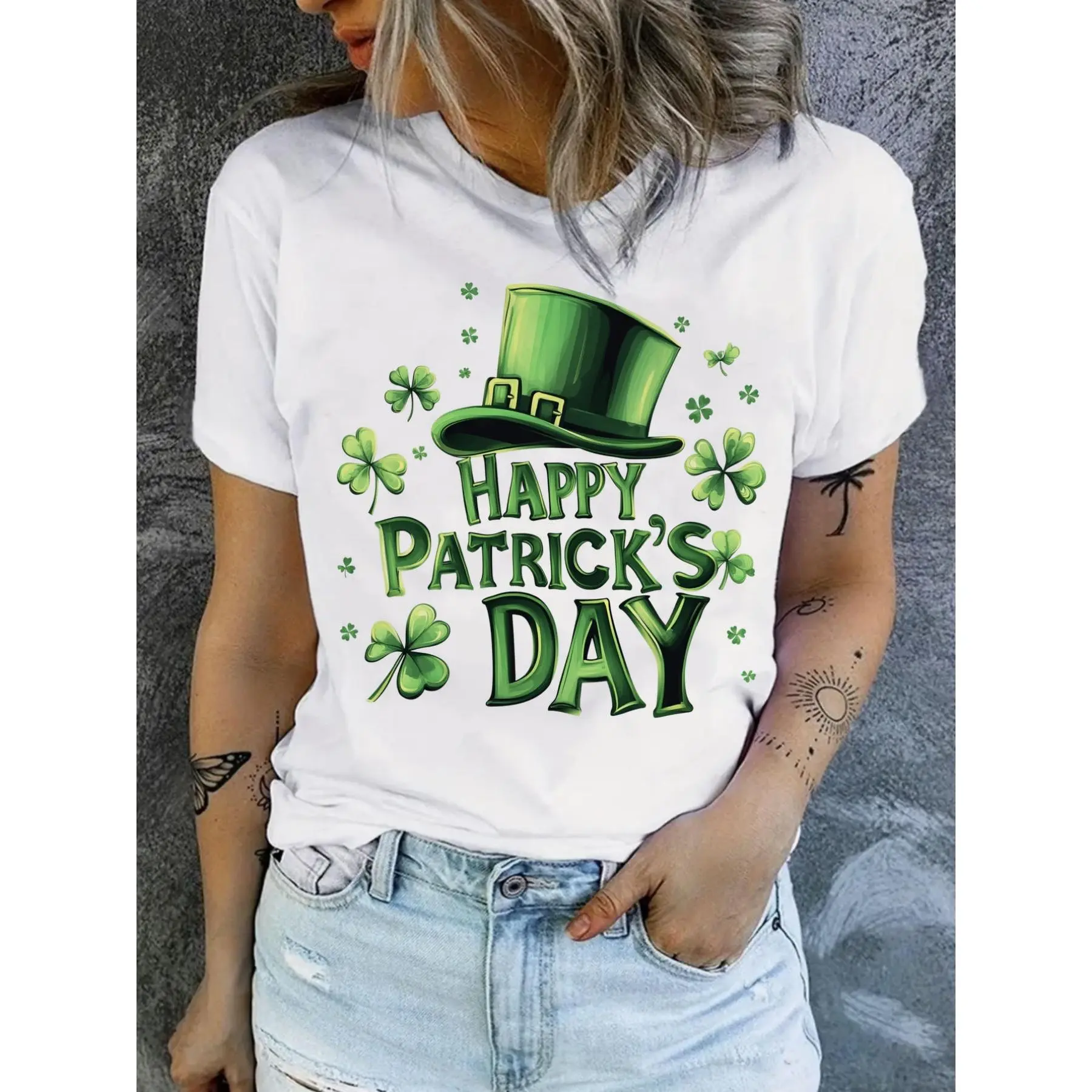 Women's St. Patrick's Day T-Shirt - Irish Clover & Leprechaun Hat Print, Casual Round Neck Short Sleeve Top, Comfortable Pullover for Parades, Parties, Daily Wear - Year-Round Outfit (Machine Washable)
