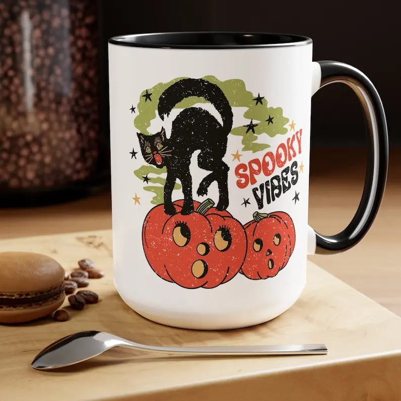 Spooky Vibes Vintage Black Cat Halloween Coffee Mug, Cute, Skeleton Ghost Spooky Pumpkin Gift Whimsigoth Holiday Gothic Witchy Retro Horror - hll11023 Gothic Witch Hat Coffee Mug