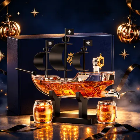 Kollea Pirate Ship Whiskey Bottle with Luxury Gift Box,Artisan Glass,Halloween Gift&Party Decor,Decanter Set,2 Matching Bottles,Present for Men,Dad,Husband,Boyfriend,Home Bar Dispenser,Funny Gifts for Anniversary&Brithday,Sailor&Captain Enthusiasts giftid