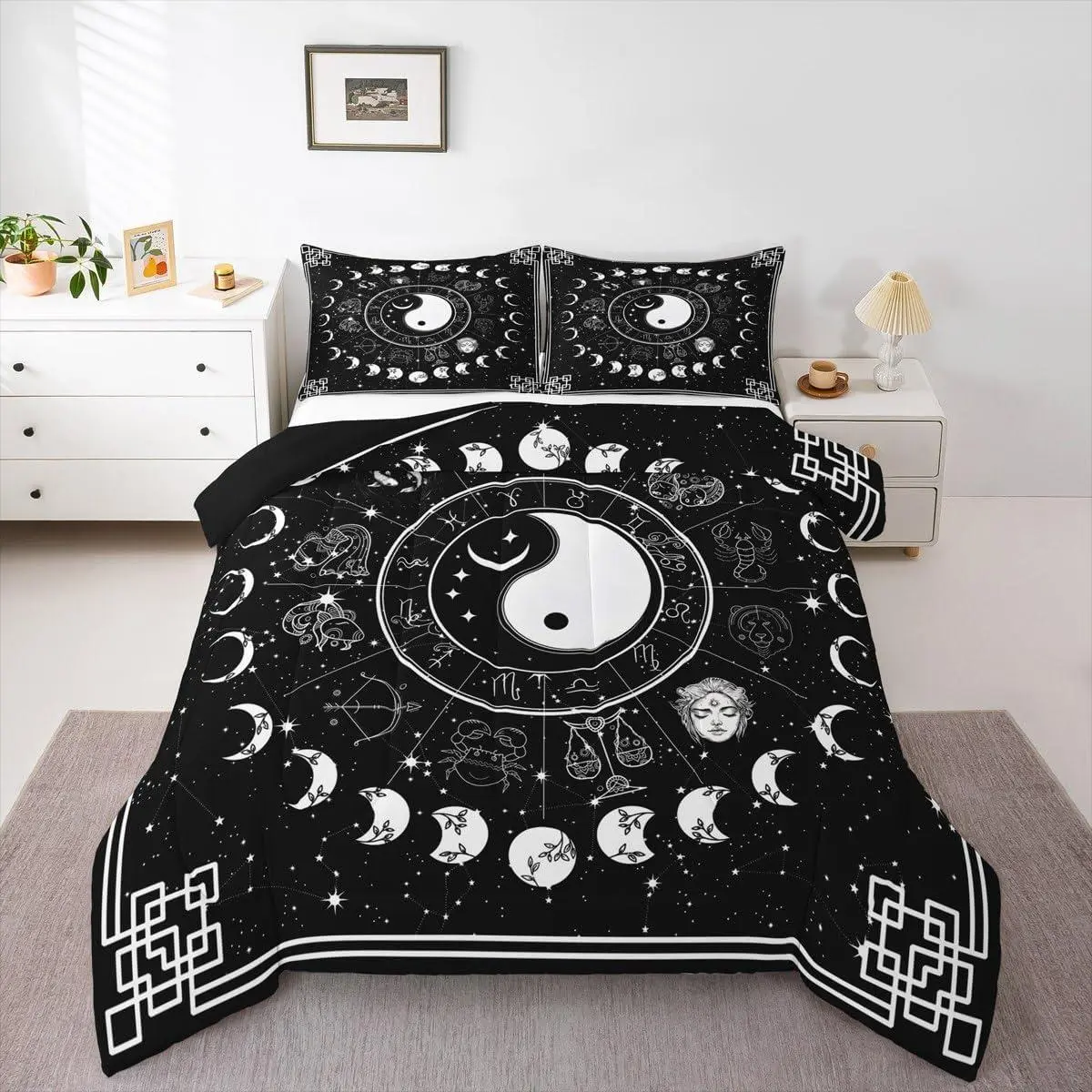 Sun and Moon Comforter Set,Twelve Constellations Zodiac Bedding Set,Moon Phase Duvet Insert Yin and Yang Quilt Duvet Starry Night Astrology Stars Quilted Comforter,Black White Decor