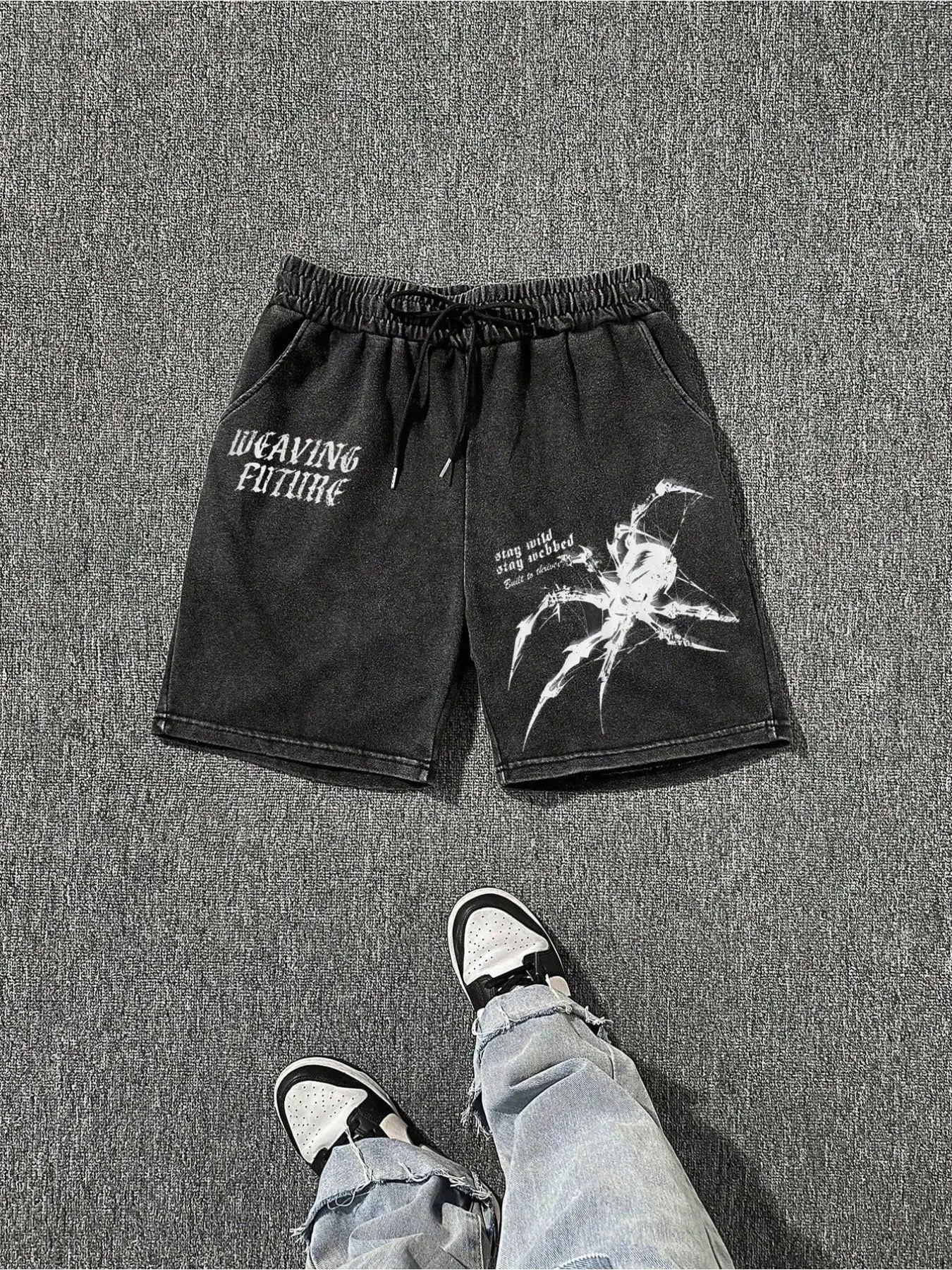Unisex Spider Graphic Print Washed Drawstring High Street Shorts, American Dark Street Style, Loose Fit, Summer Fashion, Trendy Streetwear