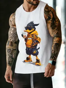 Men's Cartoon Duck Print Sleeveless Vest, Casual Comfortable Round Neck Top, Summer Outdoor Fitness Wear, Loose-Fitting Graphic Tee, Tank Top Casual, Casual Tank Tops