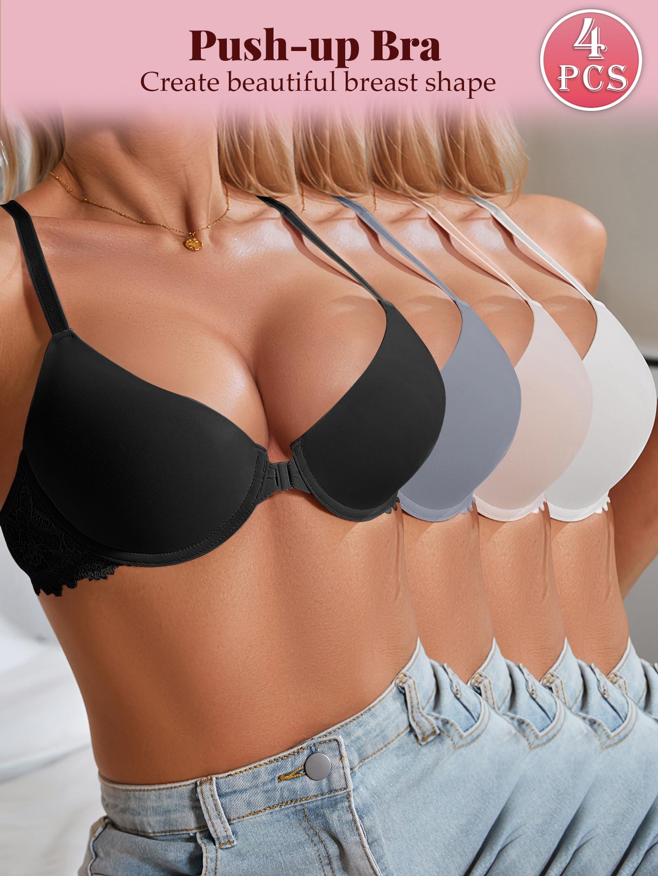 4PCS Front-closure Push Up Seamless Bras For Women Breathable Lace Back Design, Underwire Support Adjustable Straps Women’s Comfort Backless Lingerie everyday Elegant Minimalist  Chic Womenswear