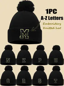 Unisex Embroidered Letter Knitted Beanie Hat with Pom Pom, Winter Warm Cap for Men and Women, Comfortable Outdoor Cold Weather Hat Embroidery