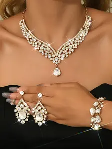 Women's Blue Crystal Water Drop Necklace Earrings Bracelet Set, Vintage Style Jewelry for Women, Perfect for Weddings & Daily Wear