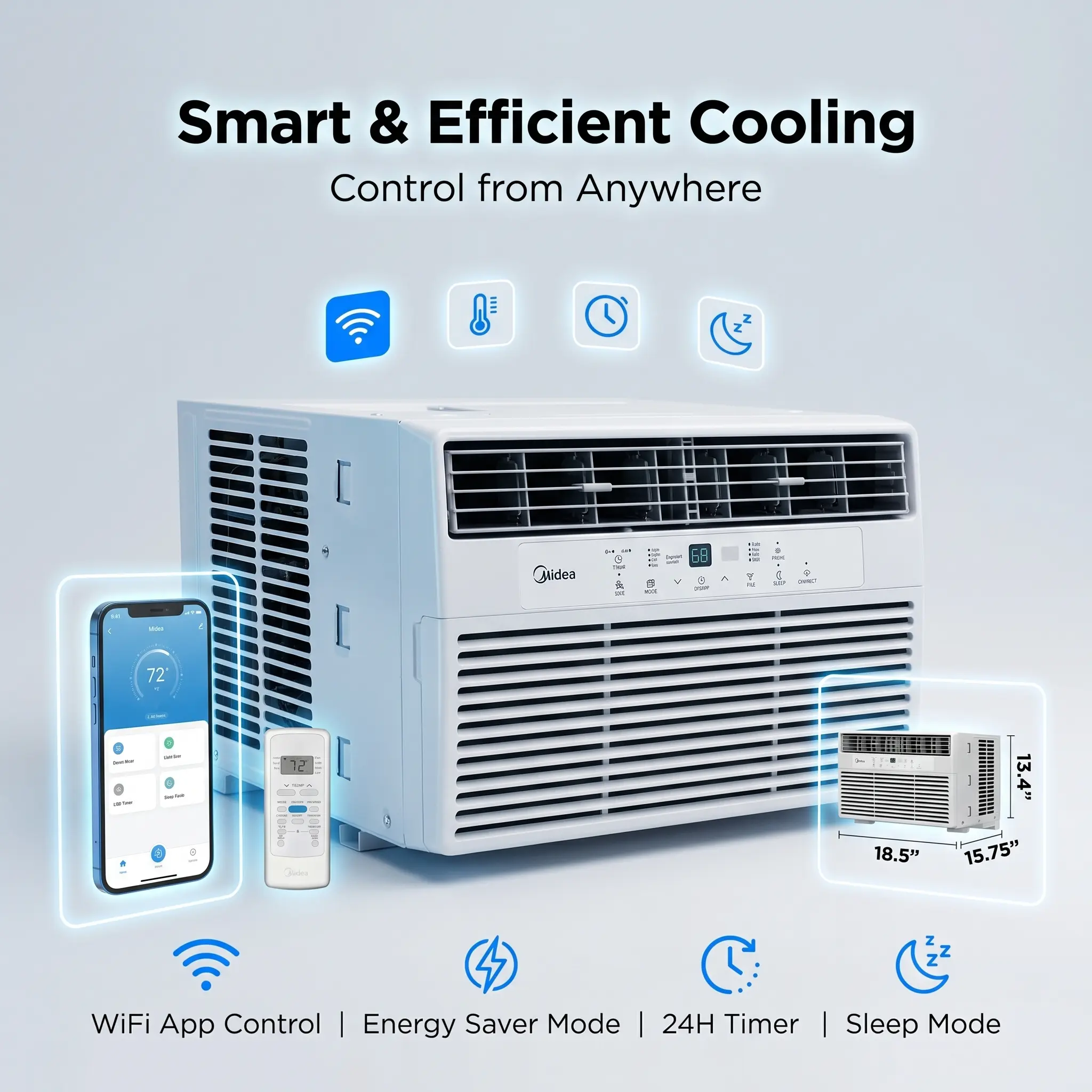 Midea Like New 8,000 BTU Smart Window Air Conditioner, WiFi App Control, ComfortSense Remote, Cools up to 350 Sq. ft, MAW08S1WWT, White,Like New, AC Unit for Bedroom Office, Energy Saving, Easy Install