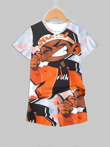 Boys' Streetwear Hip-Hop Theme Set, & Colorblock Short Sleeve Shorts Two-Piece, Casual Sporty Cartoon Prints, Athletic, Husky Boy Clothes, Clothes Kids