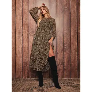 Sasha Fun Giraffe Midi Dress with Long Sleeves, Casual Fit, Long Hem, Polyester, Ideal for Summer Wear