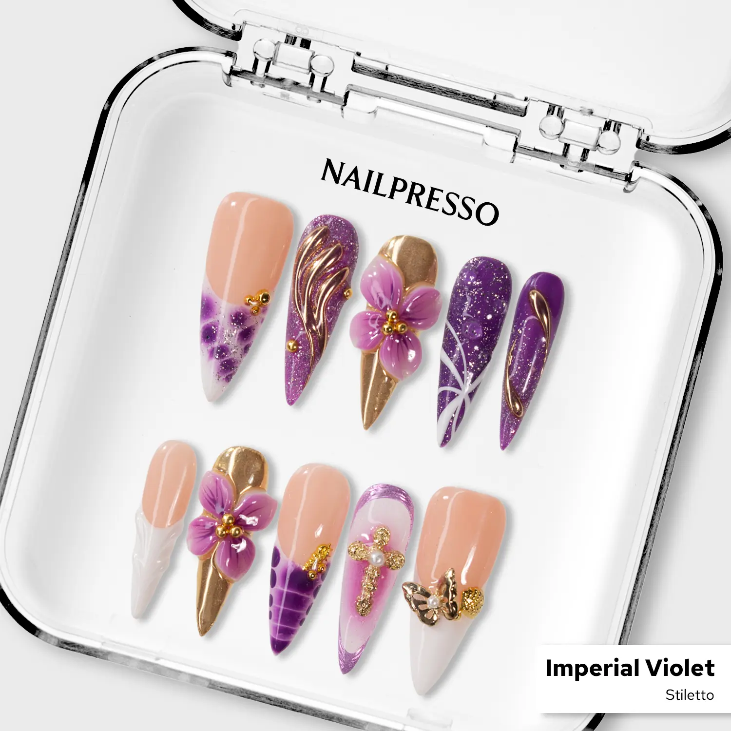 Nailpresso | Imperial Violet Stiletto 100% Handmade 3D Press-On Nails | Reusable Long-Lasting Salon-Quality | Purple Design With Gold Accents